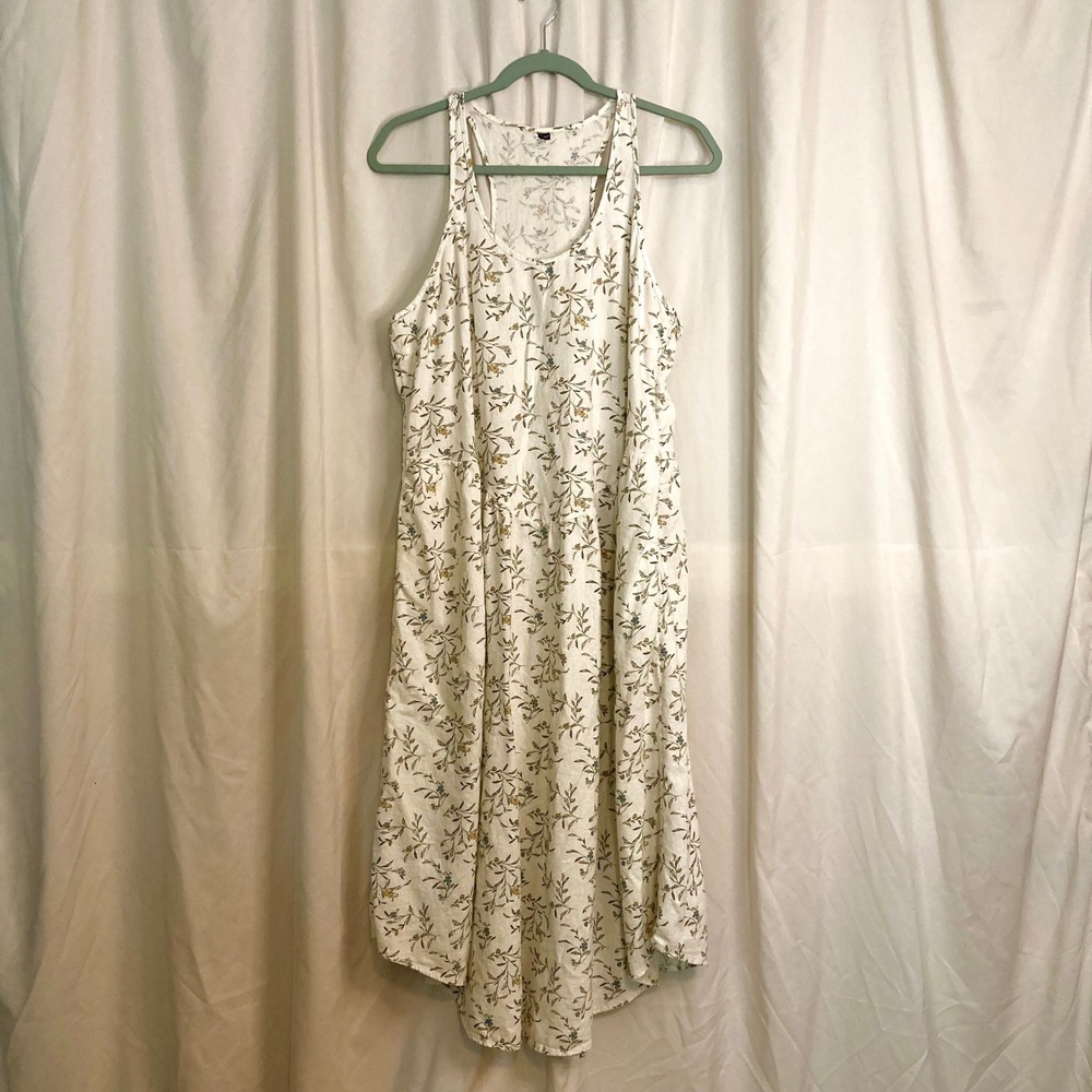 Linen Blend Floral Racerback Midi Dress White M Pockets Boho Farmhouse Cottage